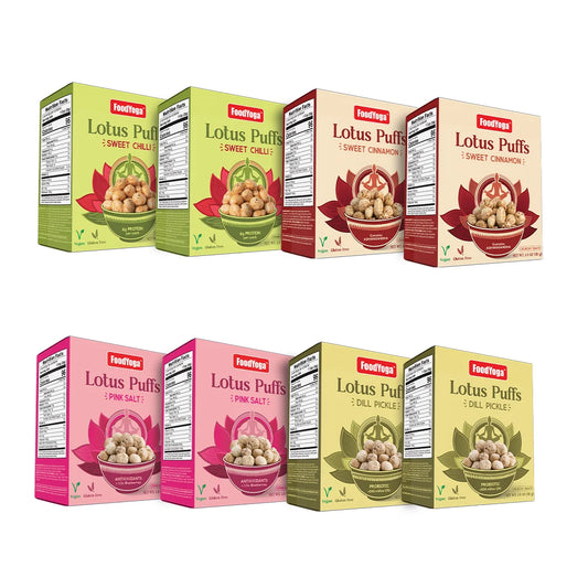 FoodYoga Lotus Puff - Yoga Snack Combo - Pack of 8 in 4 flavours (2 Each)